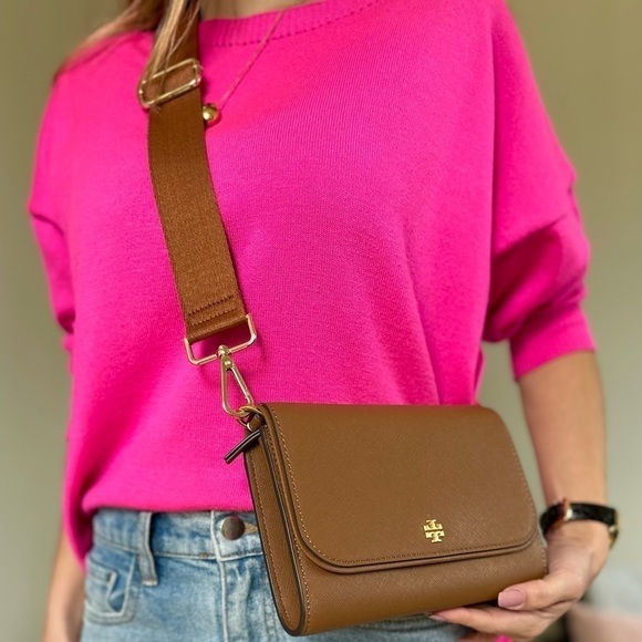 NEW Tory Burch bag 2 straps crossbody camel brown leather gold hardware - Picture 1 of 13